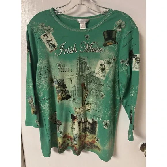 Christopher & Banks Women's Size L Irish Theme Cotton 3/4 Sleeve Cotton Shirt - Picture 1 of 15